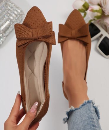 Pointed Knitted Bow Shallow Mouth Pumps Women's Western Style With Skirt Flat