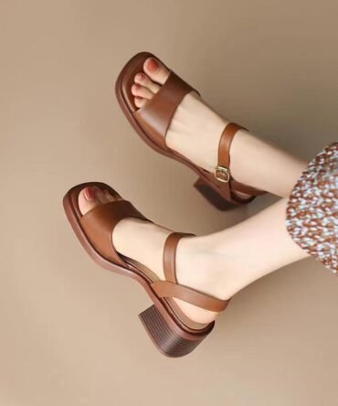 Real Soft Leather French Sandals Female Square Toe